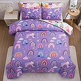 Btargot Lightweight Soft 3 Piece Rainbow Comforter Set with 2 Pillow Covers, Cartoon Love Hearts Flowers and Sun Star Bedding Set for Girls Boys Kids, Queen Dark Purple