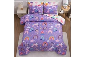 Btargot Lightweight Soft 3 Piece Rainbow Comforter Set with 2 Pillow Covers, Cartoon Love Hearts Flowers and Sun Star Bedding Set for Girls Boys Kids, Twin Dark Purple
