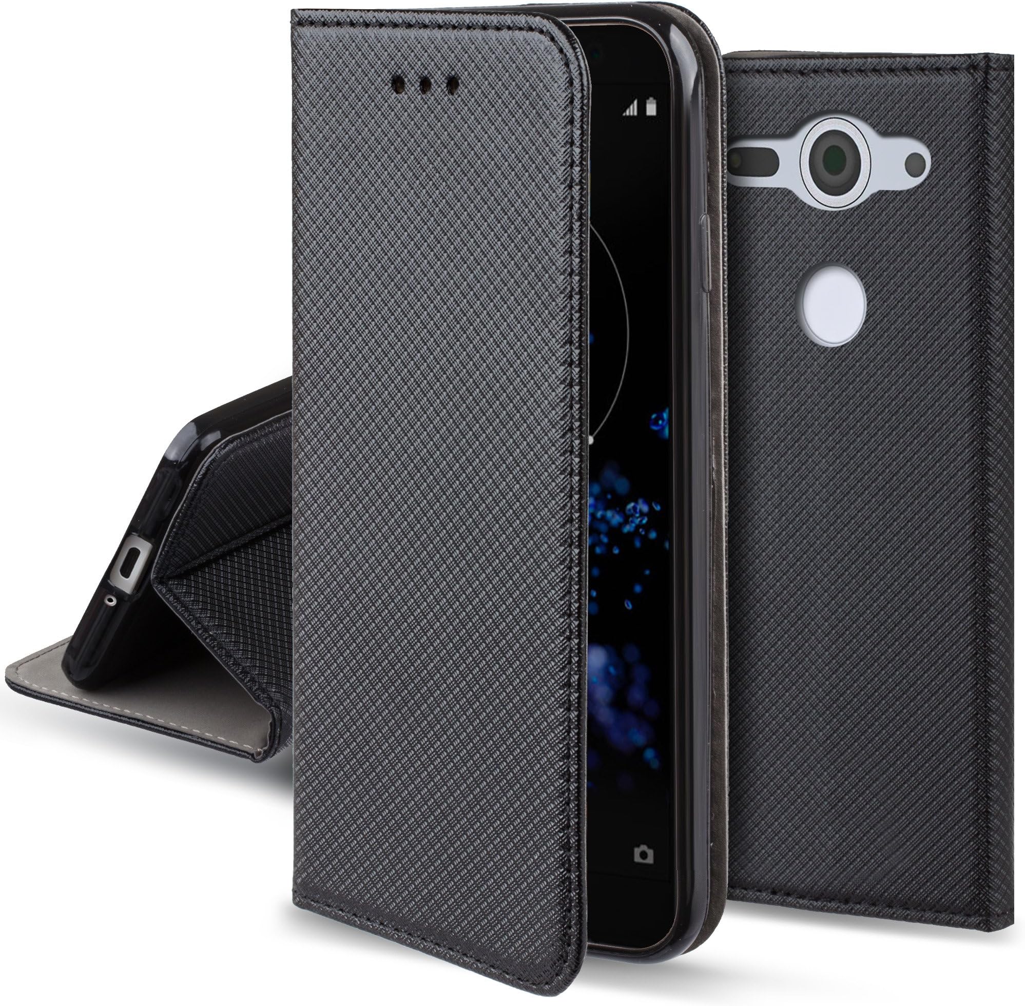 Moozy Case Flip Cover for Sony Xperia XZ2 Compact, Black - Smart Magnetic Flip Case with Folding Stand