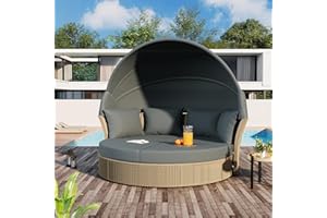 IBRACCIENI Outdoor Round Sofa Set - Patio Wicker Rattan Sunbed with Retractable Canopy, Cushions and Pillows, Stylish Convertible Loveseat Daybed Furniture Set for Garden Lawn Porch Poolside Backyard, Grey