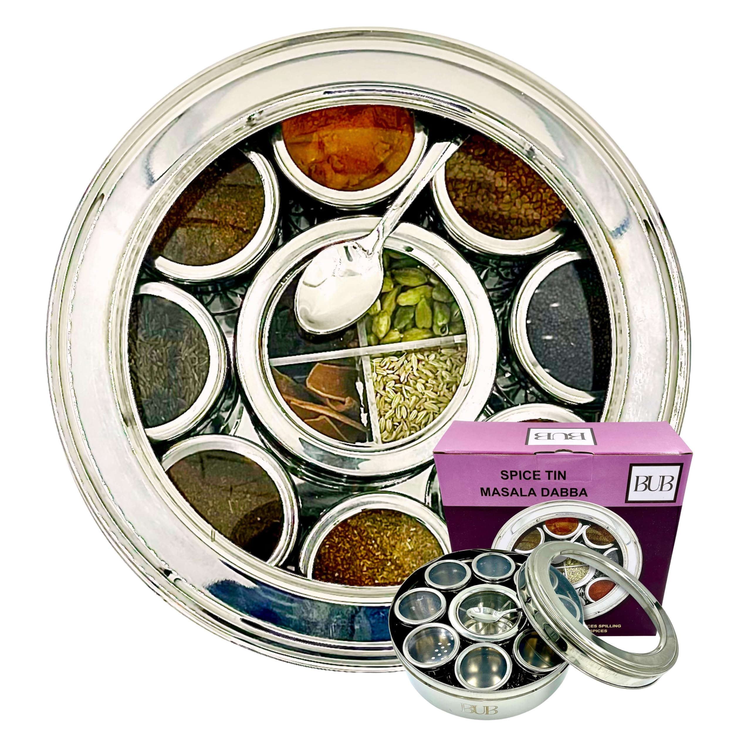 Bub: Large 22cm Premium Spice Tin Masala Dabba | 9 Spice Jars with Individual Lids | Holds 12 Spices | Polished Stainless Steel with Serving Spoon & Clear Acrylic Lids | Spice Box (SPICE TIN 9)