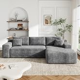 96'' L-Cloud Sectional Boneless Couches for Living Room, Corduroy Fabric Modular Sectional Sofa with Chaise, Cloud-Couch Deep Seat Sofa, No Assembly Required, Gray