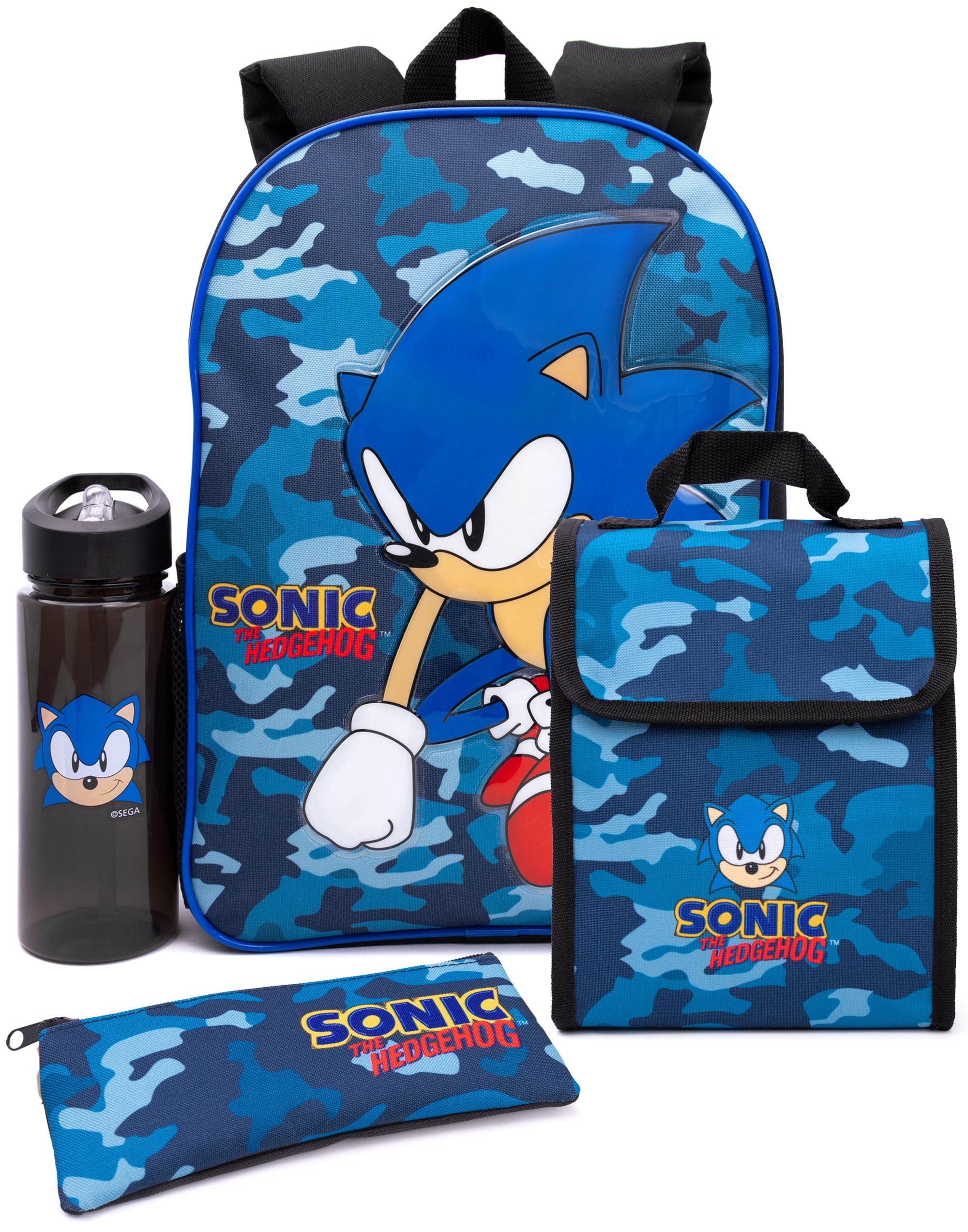 Sonic The Hedgehog Boys Backpack | Kids Navy Camo School Rucksack Pencil Case, Water Bottle | Game Merchandise
