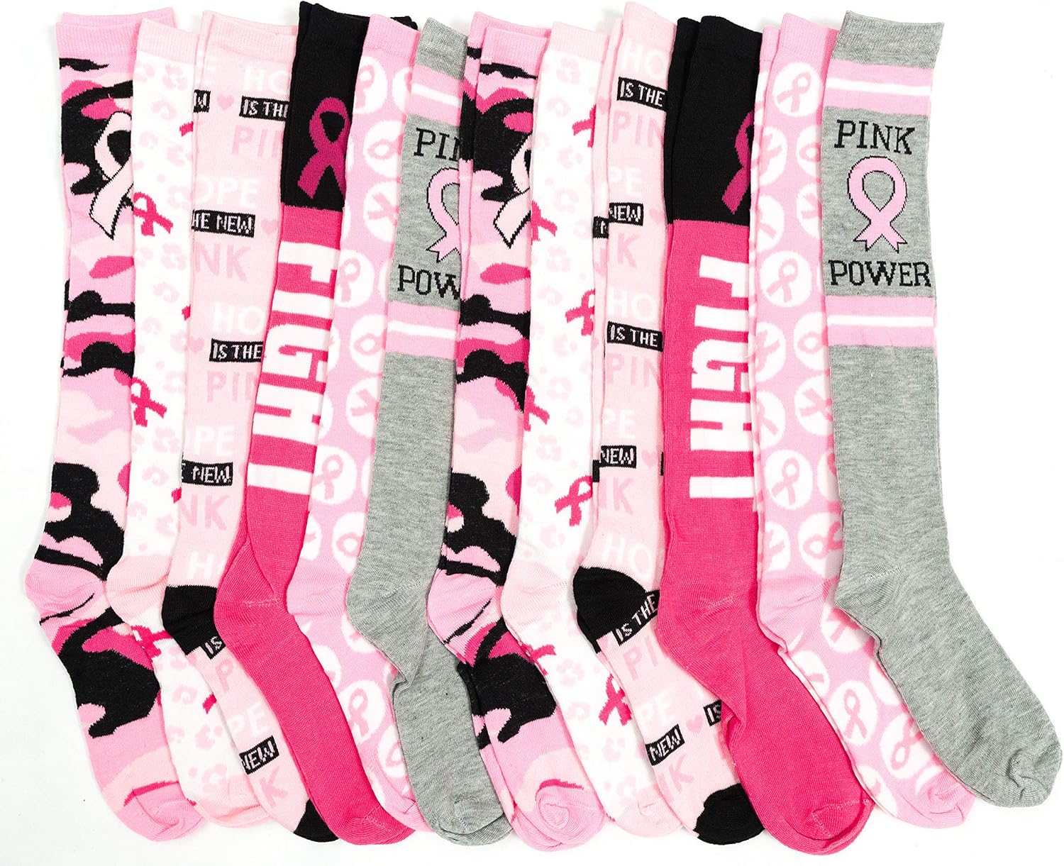 12 Pairs Womens Breast Cancer Knee High Socks, Striped Colorful