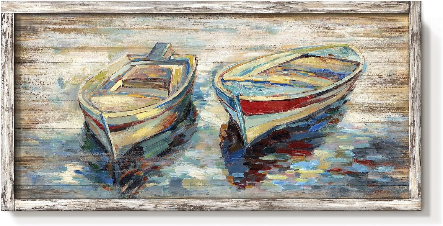 Paintings - cozy country Nautical Boats Framed Wall Art: Beach Sailing Boat Painted Sea Canoe Picture Hand Oil Painting Abstract Sail Artwork Seaside Rowboat Picture Decor for Living Room Bedroom