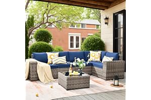 ovios Patio Furniture Set 6 Pieces Outdoor Sectional Sofa Couch with Comfy Cushions and Deep Seat, Modern Modular Wicker Rattan Conversation Set, Navy Blue