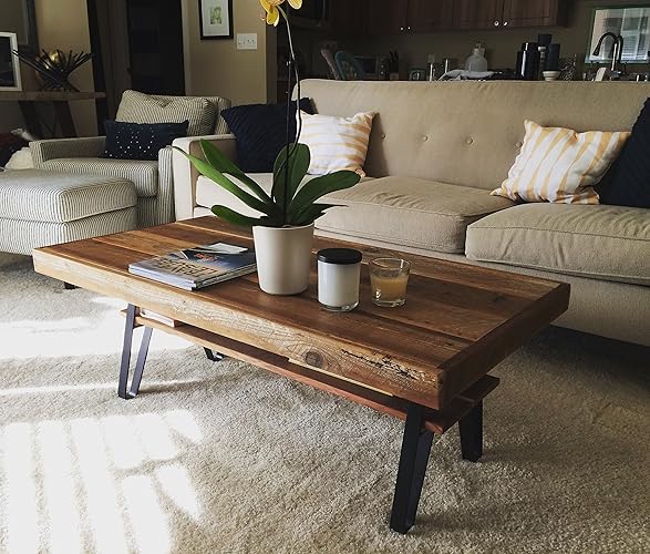 Reclaimed Wood Farmhouse Coffee Table with Flatiron Legs and Shelf - 2 Sizes