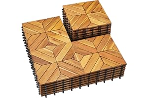 PrimeZone 27 PCS Solid Acacia Wood Interlocking Patio Deck Tiles - 12" x 12" Indoor Outdoor Waterproof Flooring Tiles for Balcony, Backyard & Poolside, All Weather Use, Natural Wood, Square