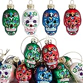 12pcs Day of The Dead Glass Ornaments - Dia De Los Muertos Sugar Skull Ornaments - Halloween Hanging Skeleton Head Ornament for Christmas Tree Hanging Decorations