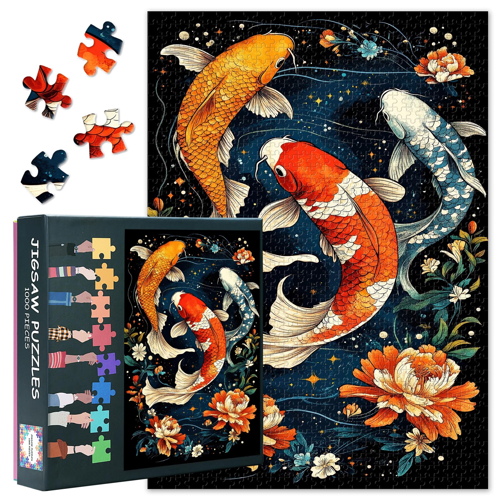Photo 1 of 1000 Piece Puzzle for Adults Koi Fish - Jigsaw Puzzles 1000 Pieces, Hard Difficult Challenging Puzzle Blooming Flowers (27.5"x19.7"), Family Game Night Gift & Home Decor (Animal Theme)