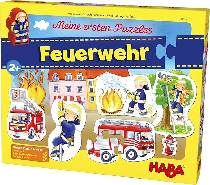HABA 303698 - Meine ersten Puzzles – Feuerwehr | Kinderpuzzle mit 5 spannenden Feuerwehrmotiven ab 2 Jahren | Mit Feuerwehrma