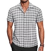COOFANDY Mens Short Sleeve Button Down Shirt Plaid Button Up Shirts Casual 75% Cotton Work Shirts