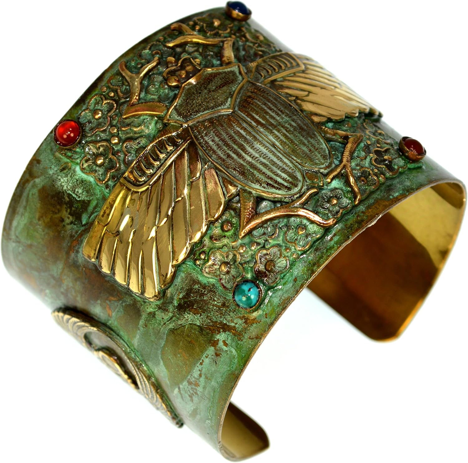 Patina Brass Egyptian Scarab Motif Wide Cuff Bracelet Carnelian, Navy