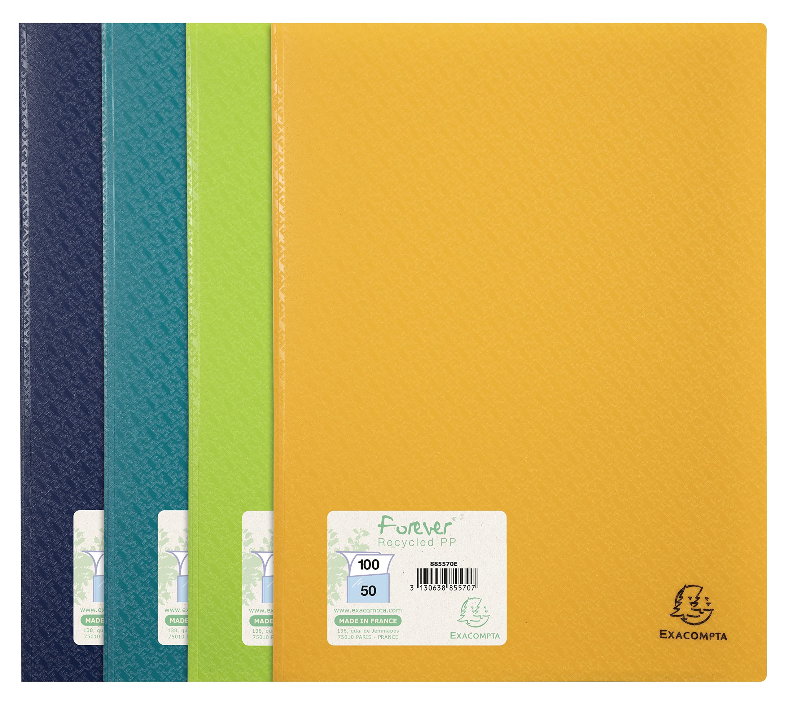 Exacompta - Ref. 885570E - 1 Forever document protector - 50 smooth crystal pockets - 100 views - for A4 - size 24 x 32 cm - rigid recycled polypro cover - matte appearance - 4 random colors