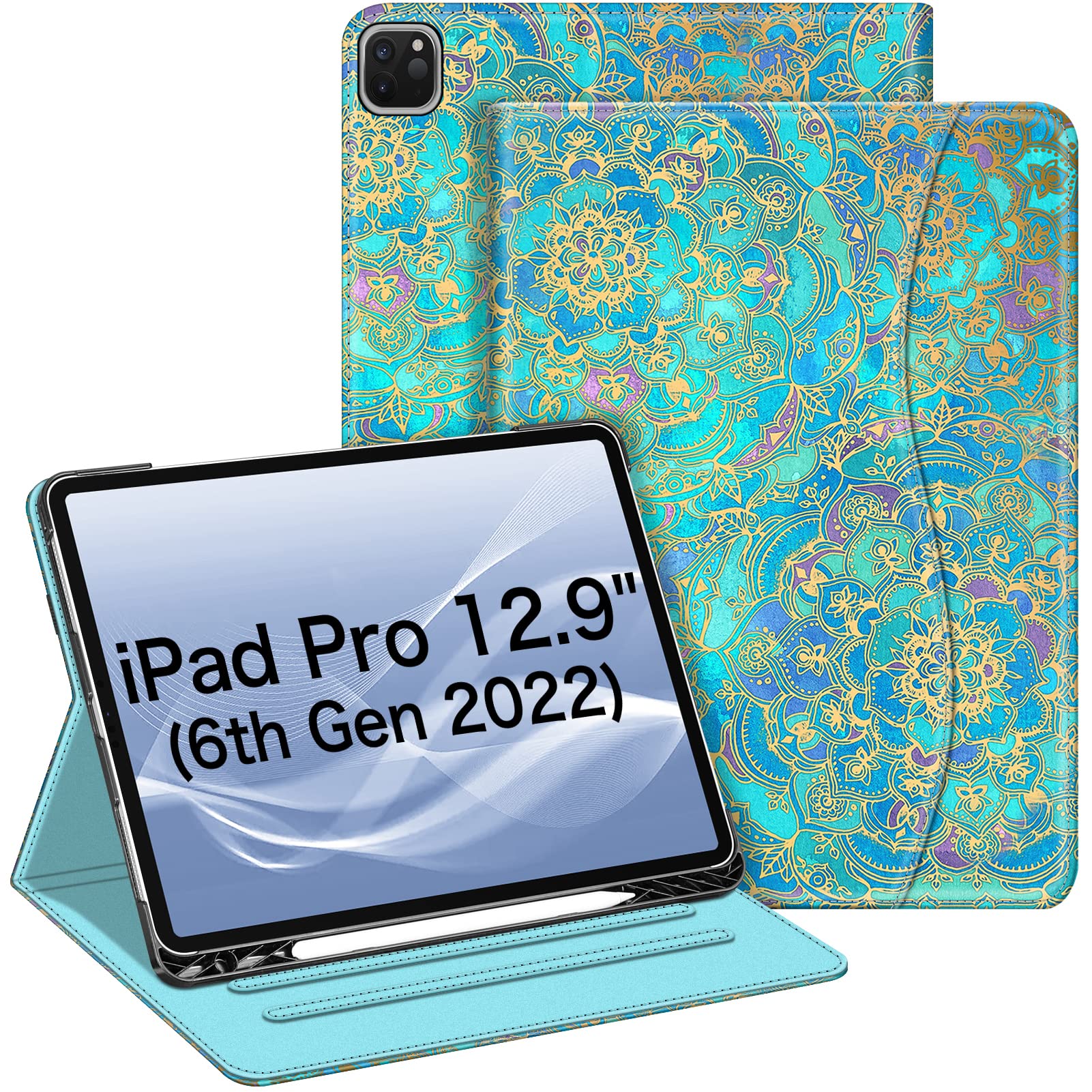 FINTIE Case Compatible with iPad Pro 12.9 inch (2022/2021/2020/2018, 6th/5th/4th/3rd Generation), Multi-Angle Smart Stand Cover w/Pencil Holder & Pocket, Auto Sleep/Wake, Shades of Blue