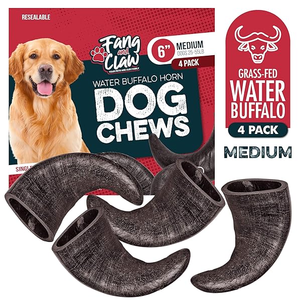 FANG AND CLAW WATER BUFFALO HORN DOG CHEW 4 PACK (MEDIUM 6 INCH), LONG-LASTING NATURAL CHEWS FOR AGGRESSIVE CHEWERS, SINGLE-INGREDIENT, NO RAWHIDE