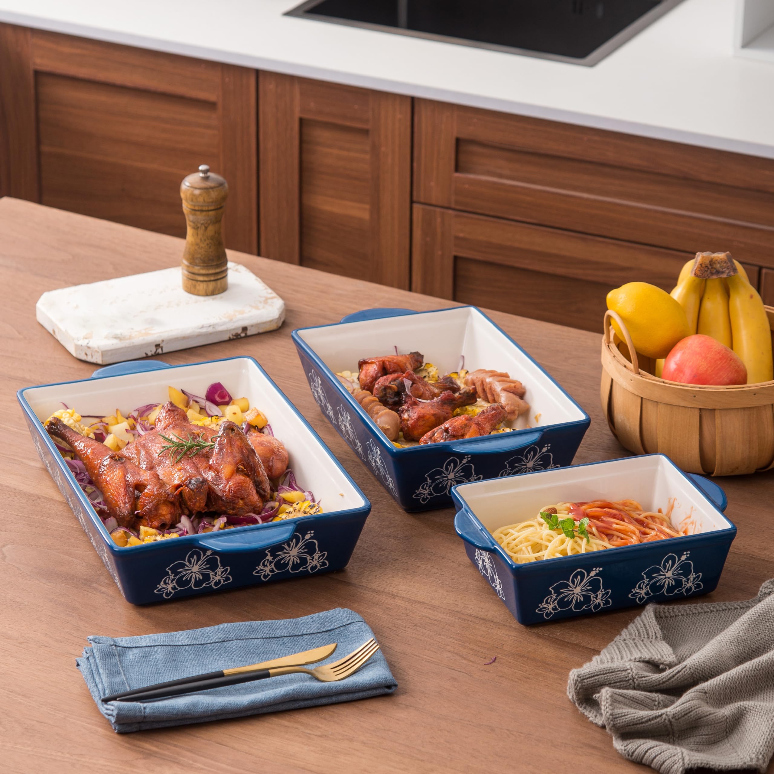 SAGOSKAT Baking Dishes Ceramic Casserole Dish 13x9inch Baking Dish Bakeware Set Nonstick 3pcs Lassagne Pan Stackable for Kitchen
