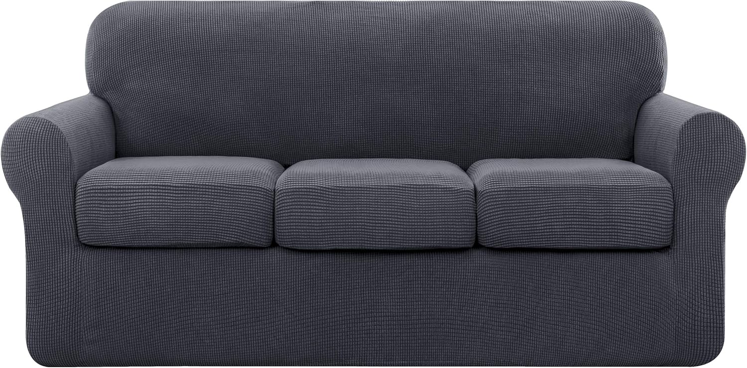 Slipcovers - subrtex 4 Piece Sofa Cover High Stretch Couch Slipcover for 3 Cushion Soft Sofa Slipcover Jacquard Fabric Furniture Covers with Elastic Bottom Machine Washable(Gray,Large)