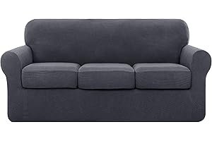 subrtex 4 Piece Sofa Cover High Stretch Couch Slipcover for 3 Cushion Soft Sofa Slipcover Jacquard Fabric Furniture Covers with Elastic Bottom Machine Washable(Gray,Large)