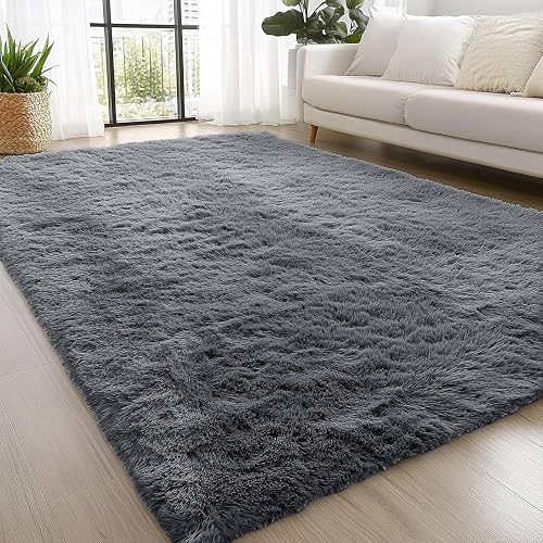 OLANLY Fluffy Area Rug for Living Room Bedroom, 4x5.9 Feet Soft Shaggy Non-Slip Carpet, Indoor Modern Plush Area Rugs for Kids Girls and Boys, Dorms, Nursery Rooms, Home Decor, Grey