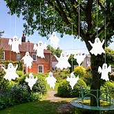 Blulu 12 Pcs Halloween Hanging Ghosts for Outdoor Halloween Decorations | Waterproof PP Board Build, 3 Sizes Realistic, 98 ft Rope Included, for Halloween Parties, Haunted Houses and Outdoor Decor