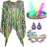 Frienda 5 Pack Mardi Gras Costume Set for women Mardi Gras Outfits Poncho mask Beads Necklaces Feather Headband Dangle Earrings Masquerade Eye Covering Accessories