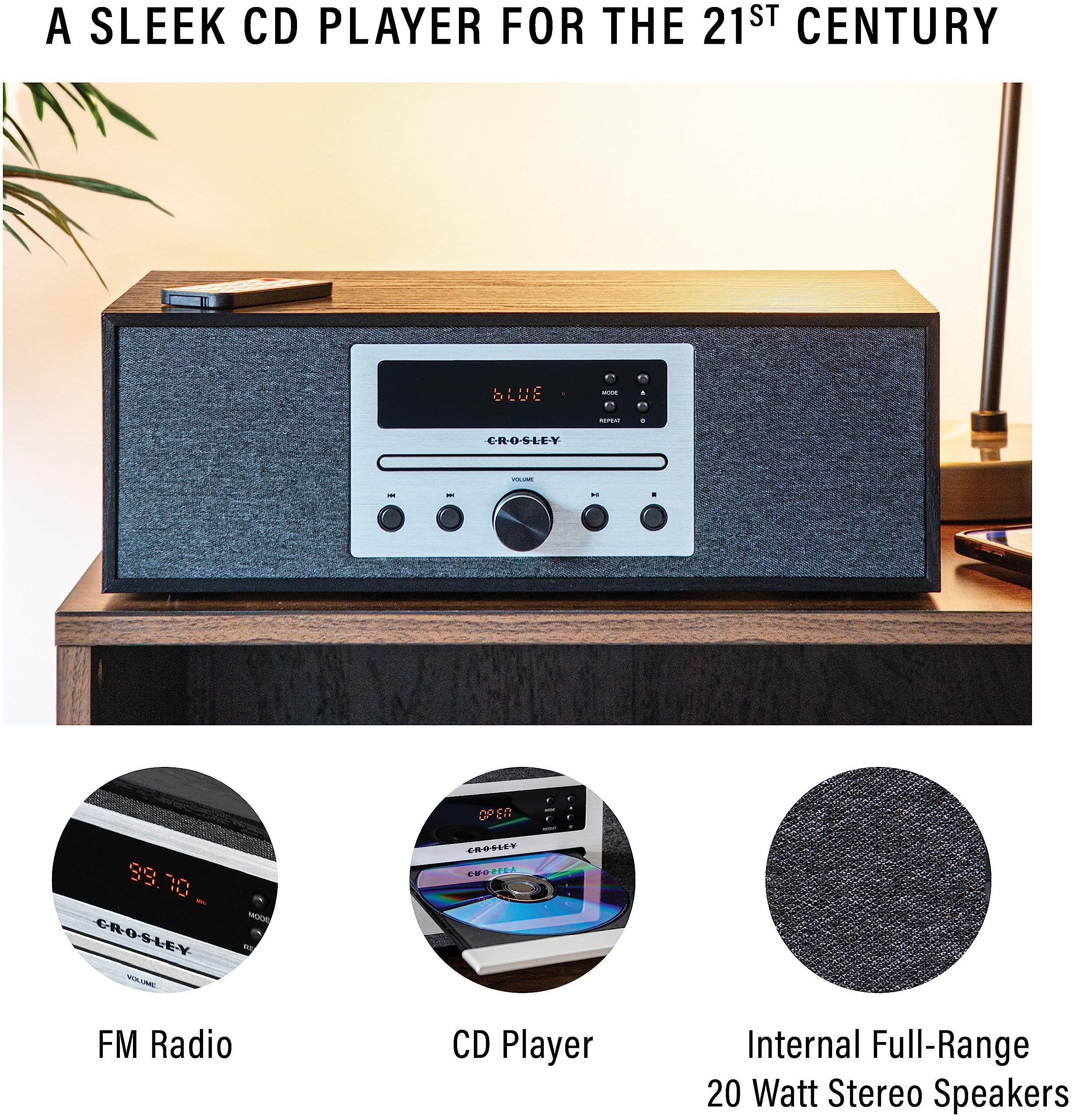 Crosley CR3504A-BK Finn Bluetooth FM Radio and CD Player, Black