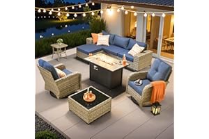 ovios 9 Pieces Patio Furniture Set Outdoor Sectional Sofa Couch with Fire Pit Table Rocking Swivel Chairs Deep Seat Chaise, Modern Modular Wicker Rattan Conversation Set, Denim Blue