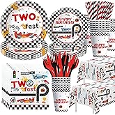 Xigejob Two Fast Birthday Decorations Tableware, Race Car 2nd Birthday Party Supplies Dinnerware, Paper Plate, Napkin, Cup, Tablecloth, Disposable Party Cutlery, Serves 24