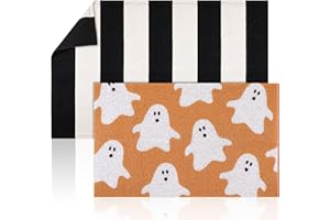 Duraaamo 2 Pcs Halloween Decor Doormat Welcome Doormat Layered Buffalo Plaid Mat Front Porch Entrance Mat for Fall Thanksgiving Halloween Indoor Outdoors(Stripe, Ghost,Black, White)