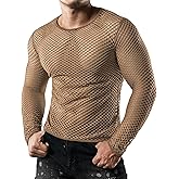 JOGAL Men's Mesh Fishnet Fitted Long Sleeve Muscle Top