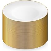 Munfix 100 Gold Plastic Plates Set, 10.25 Inch Disposable Dinner Plates, Elegant Fancy Heavy Duty for Party, Wedding, White with Gold Rim