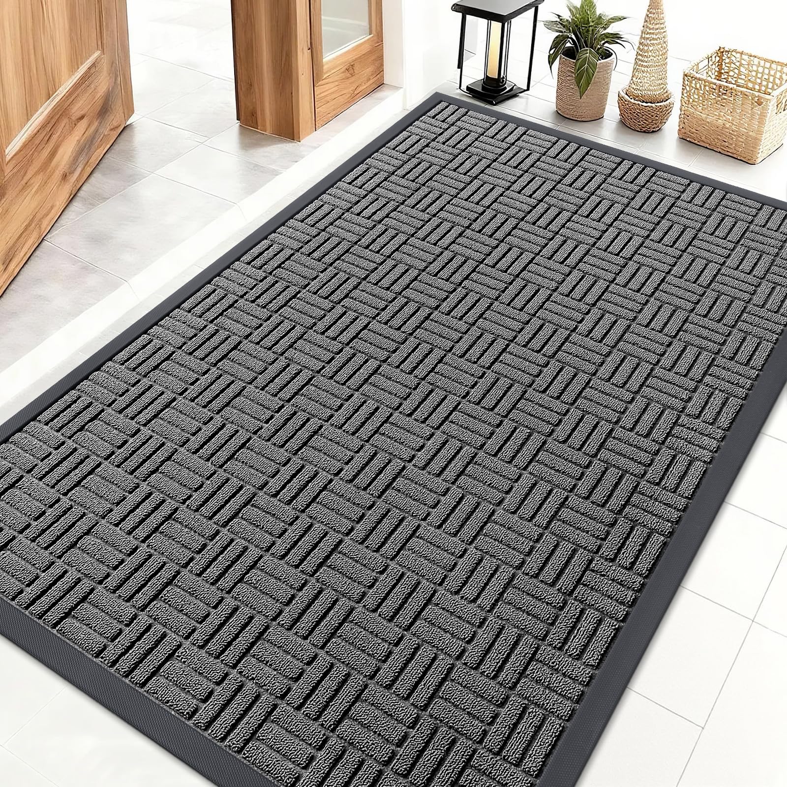 OLANLY Front Door Mat Outside Entrance 47x32, Absorbent, Heavy Duty Sturdy Natural Rubber Doormat Indoor Outdoor, Stain and Fade Resistant, Non-Slip Backing Low Profile Floor Mat for Entryway, Grey Image