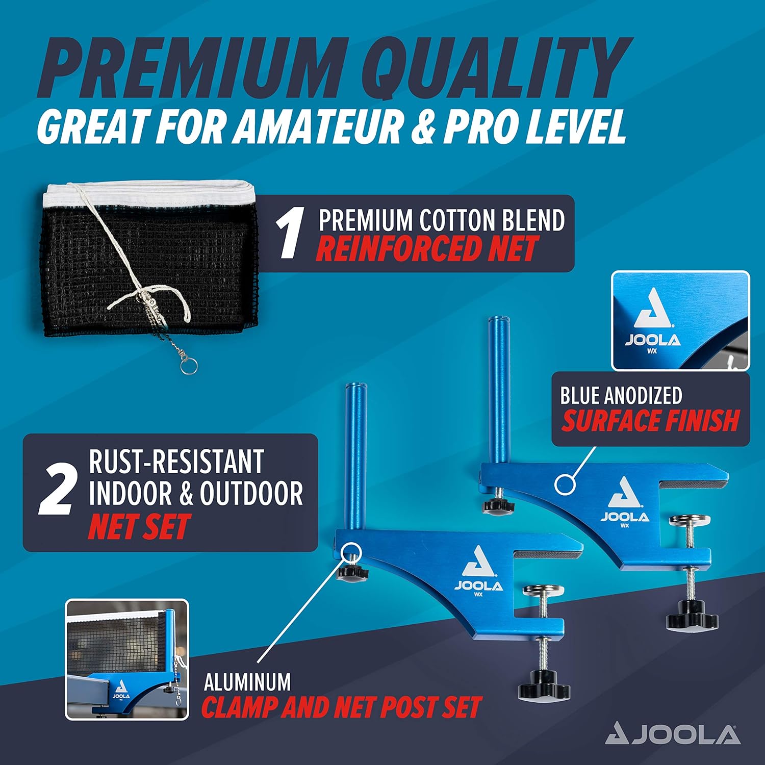 JOOLA Professional Grade WX Aluminum Indoor & Outdoor Table Tennis Net and Post Set - Quick Setup - 72in Regulation Ping Pong Net - Reinforced Cotton Blend Net w/Adjustable Tensioning System : Sports & Outdoors