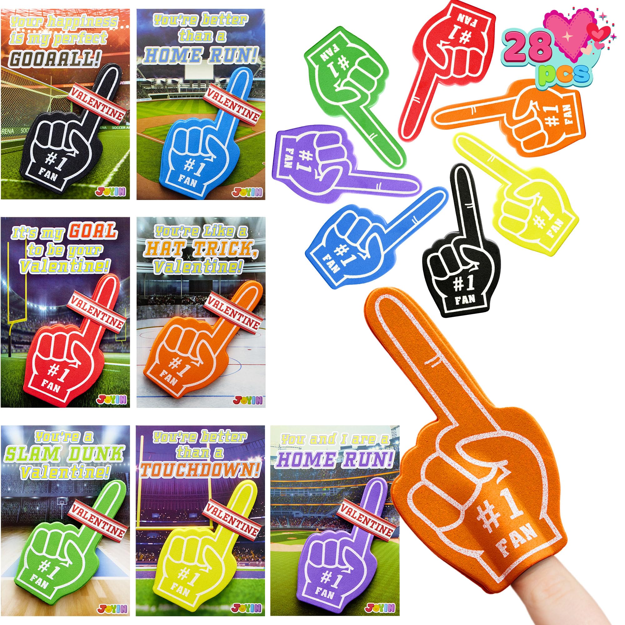 JOYIN 28 Pcs Valentines Day Foam Fingers with Cards for Kids, Valentine’s Greeting Cards, Classroom Exchange Gift for Kids, Holiday Reward Prizes and Party Favor