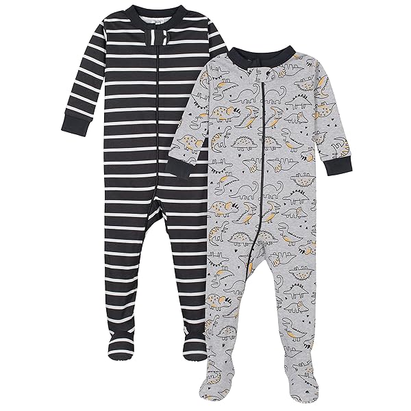 GERBER BABY BOYS’ 2-PACK FOOTED PAJAMAS, GREY DINOS BLACK STRIPE GREY, 24 MONTHS