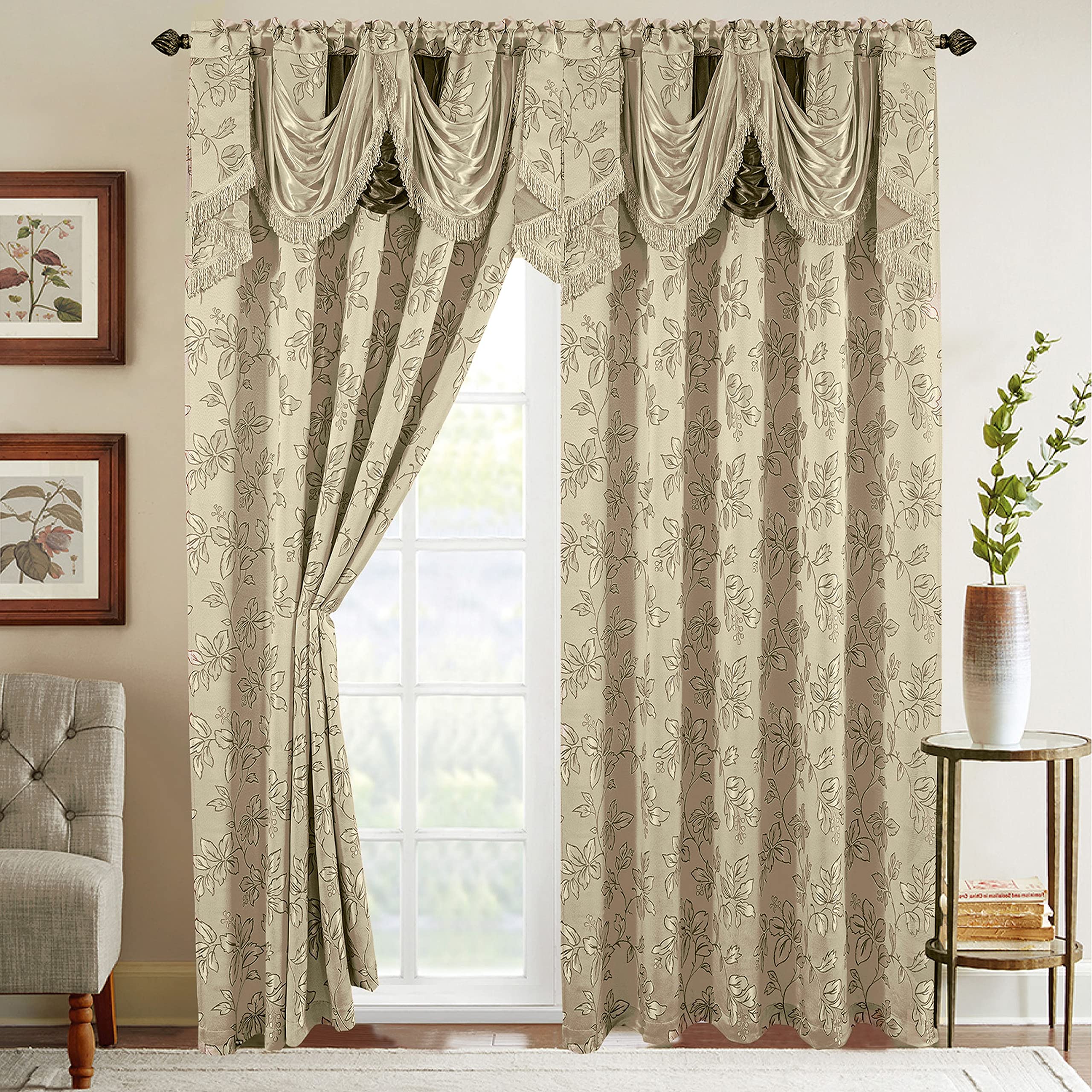 Elegant Comfort Jacquard Look Curtain Panel Set with Attached Waterfall Valance, (Set of 2), 54 x 84 Inches, Leaf Pattern, Beige/Brown