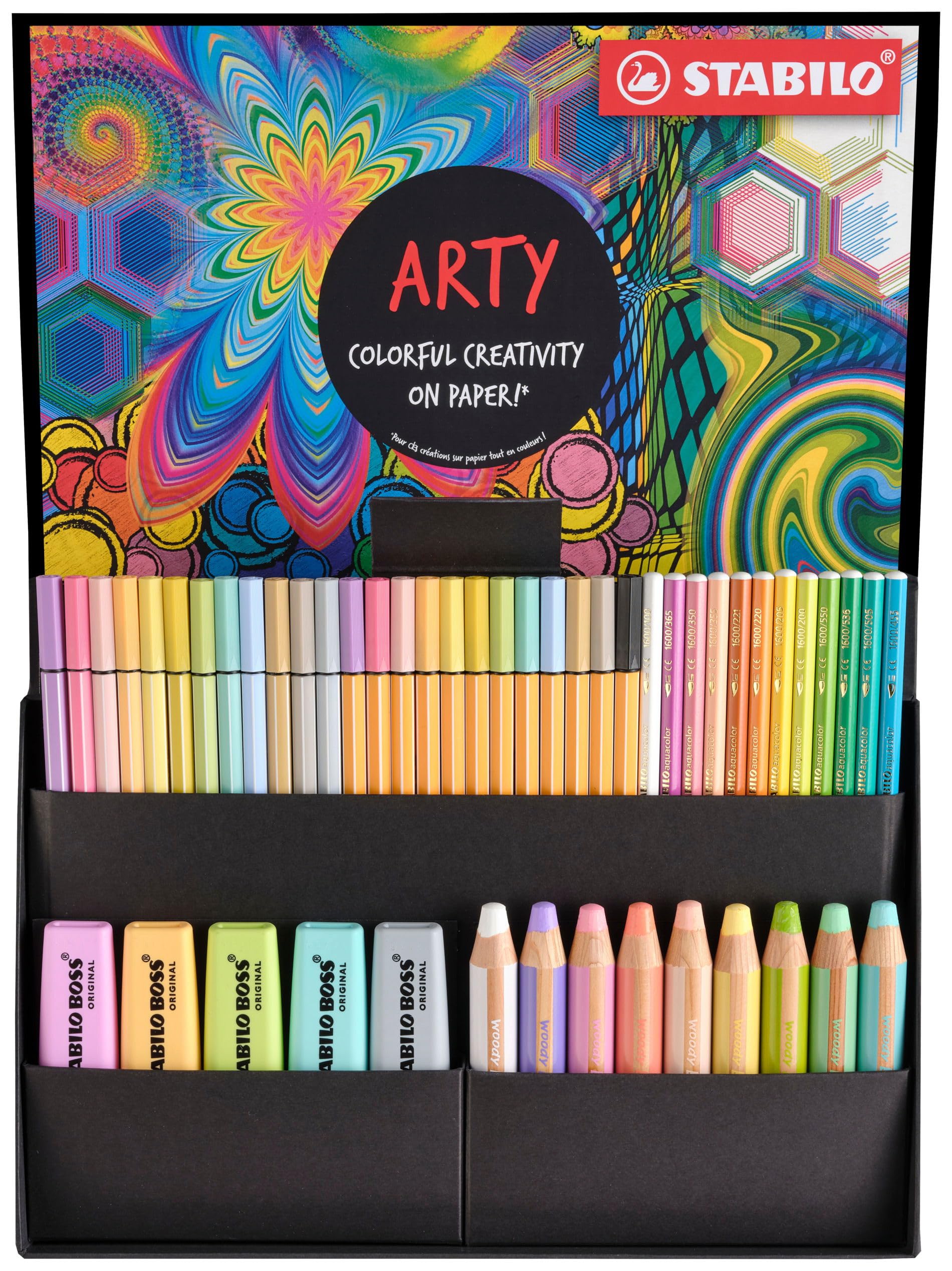 STABILO Creative Set - BOSS ORIGINAL Pastel, woody 3-in-1, STABILOaquacolor, Pen 68 & point 88 - ARTY - Pack of 50 - Assorted Colours