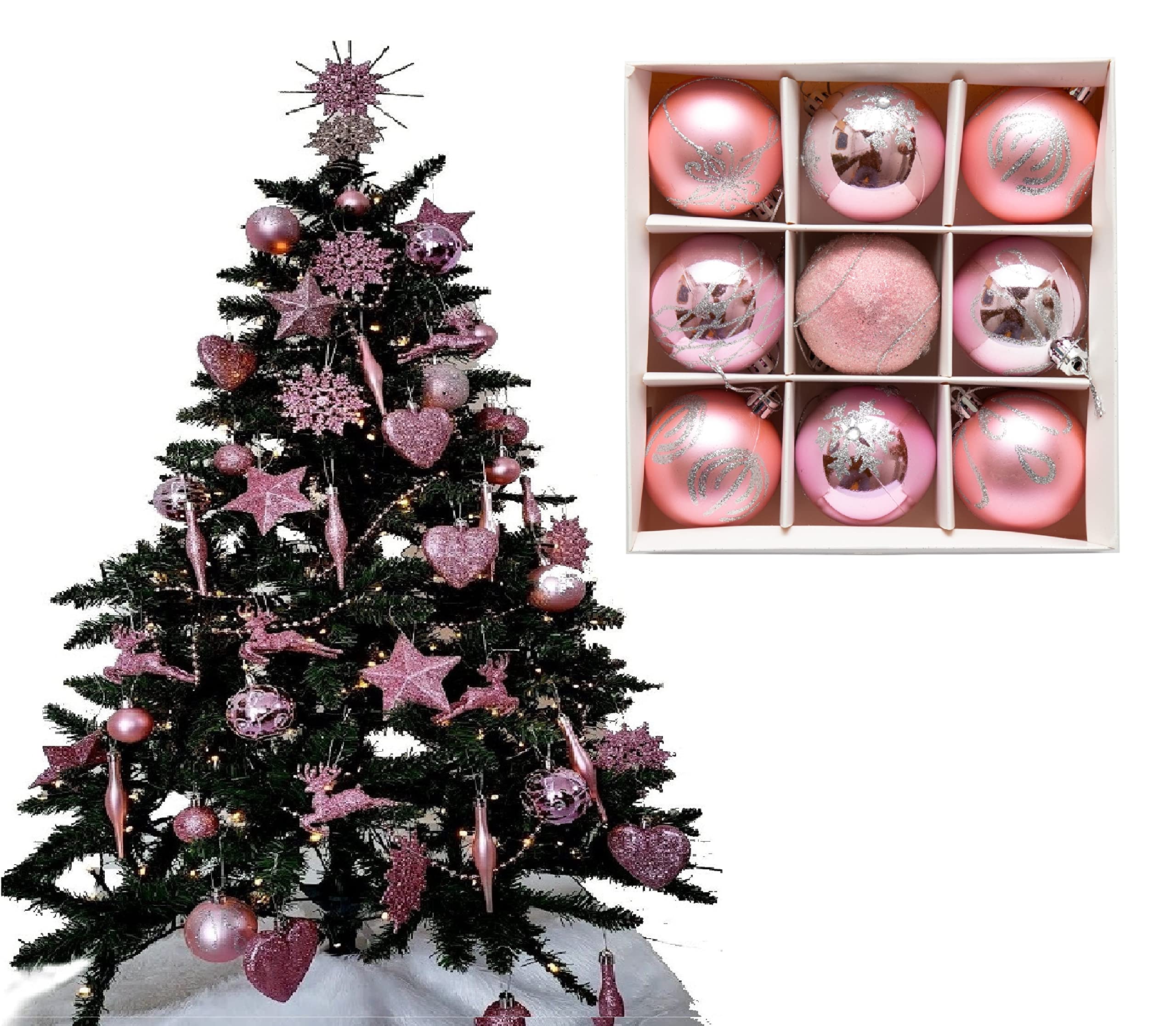 9pc Luxury Premium Baubles, Christmas Tree Bauble Decorations Matte, Glitter, shiny & Frosted (6cm) (Blush) — image 1