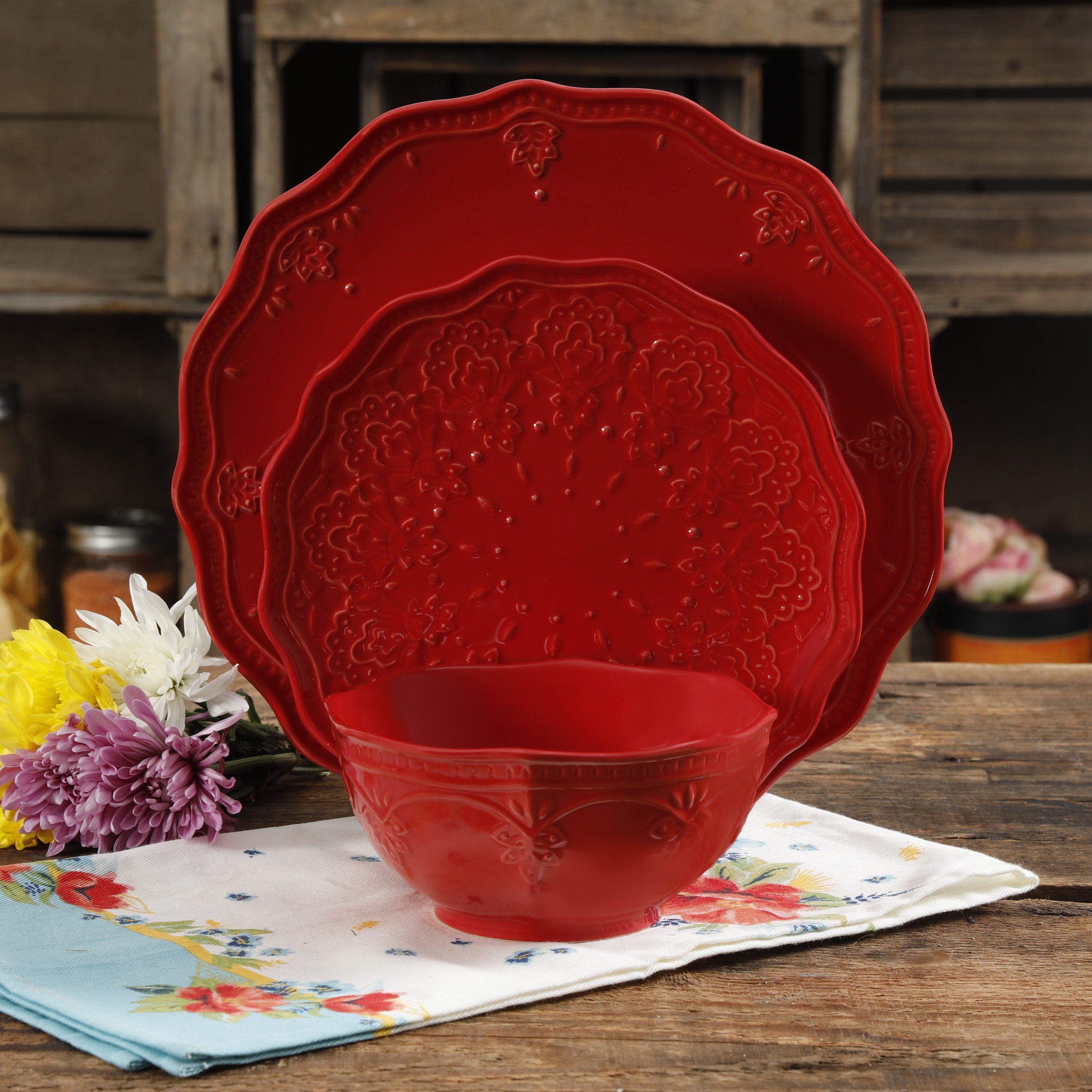 The Pioneer Woman Farmhouse Lace Dinnerware Set, 12-Piece, Red in