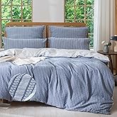 MILDLY Jacquard Stripe Duvet Cover - 100% Washed Cotton Blue Boho Textured Comforter Cover Set with Zipper Closure 90"x90"