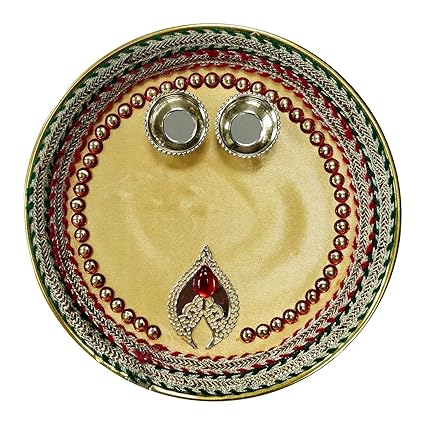 Icrafts India Diwali Decorations Red Golden Leaf Round Pooja Thali Tilak Decorative Platter Set, Traditional Festive Decor