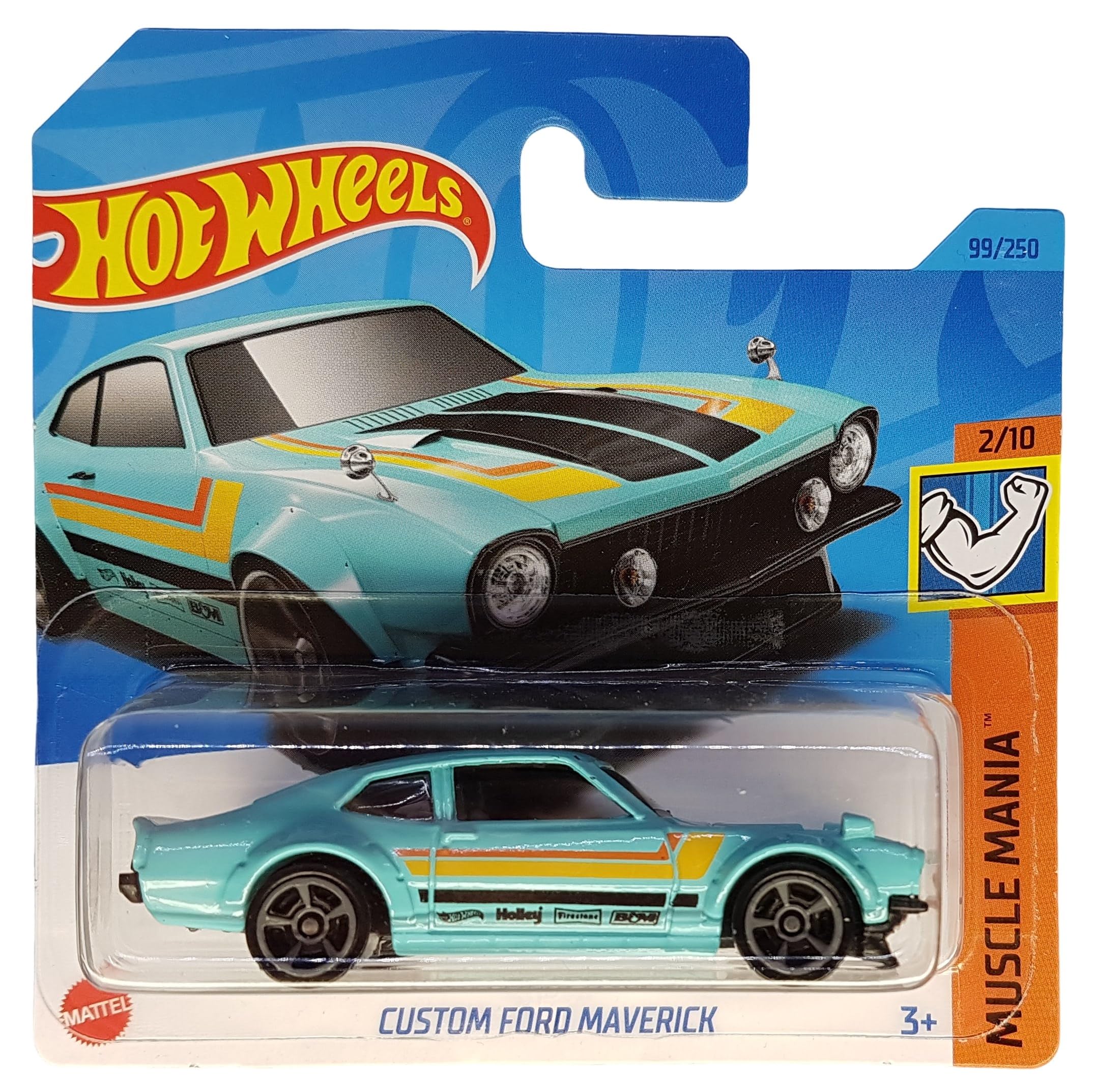 Hot Wheels - Custom Ford Maverick - Muscle Mania 2/10 - HKJ53 - Short Card - Holley - Firestone - B&M - Mattel 2023-1:64
