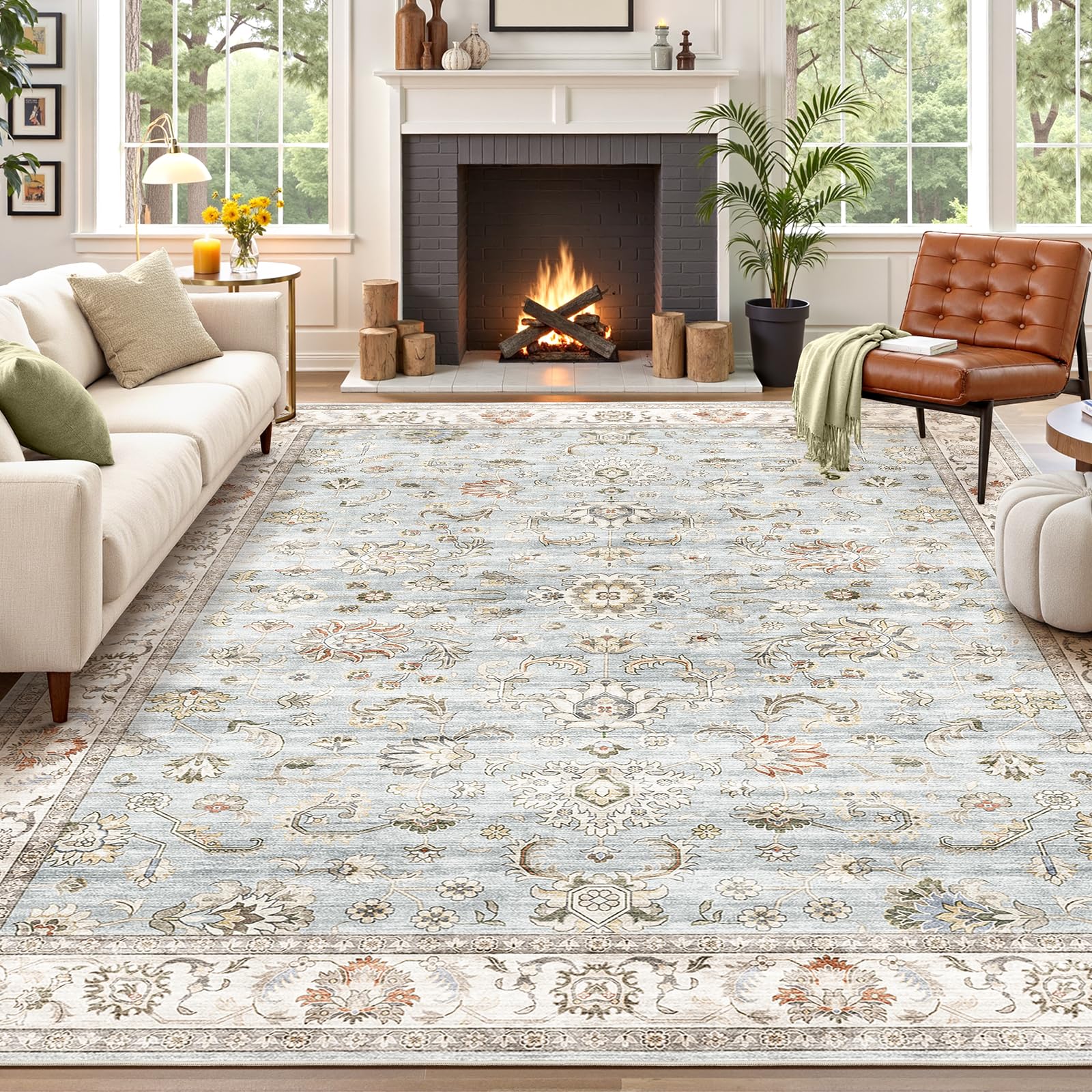 WITSHOCK 10x12 Area Rugs for Living Room: Machine Washable Non Slip Vintage Carpet - Low Pile Lightweight Print Rug for Bedroom Dining Room - Stain Resistant for Household - Pet Owners (Light Blue) Image