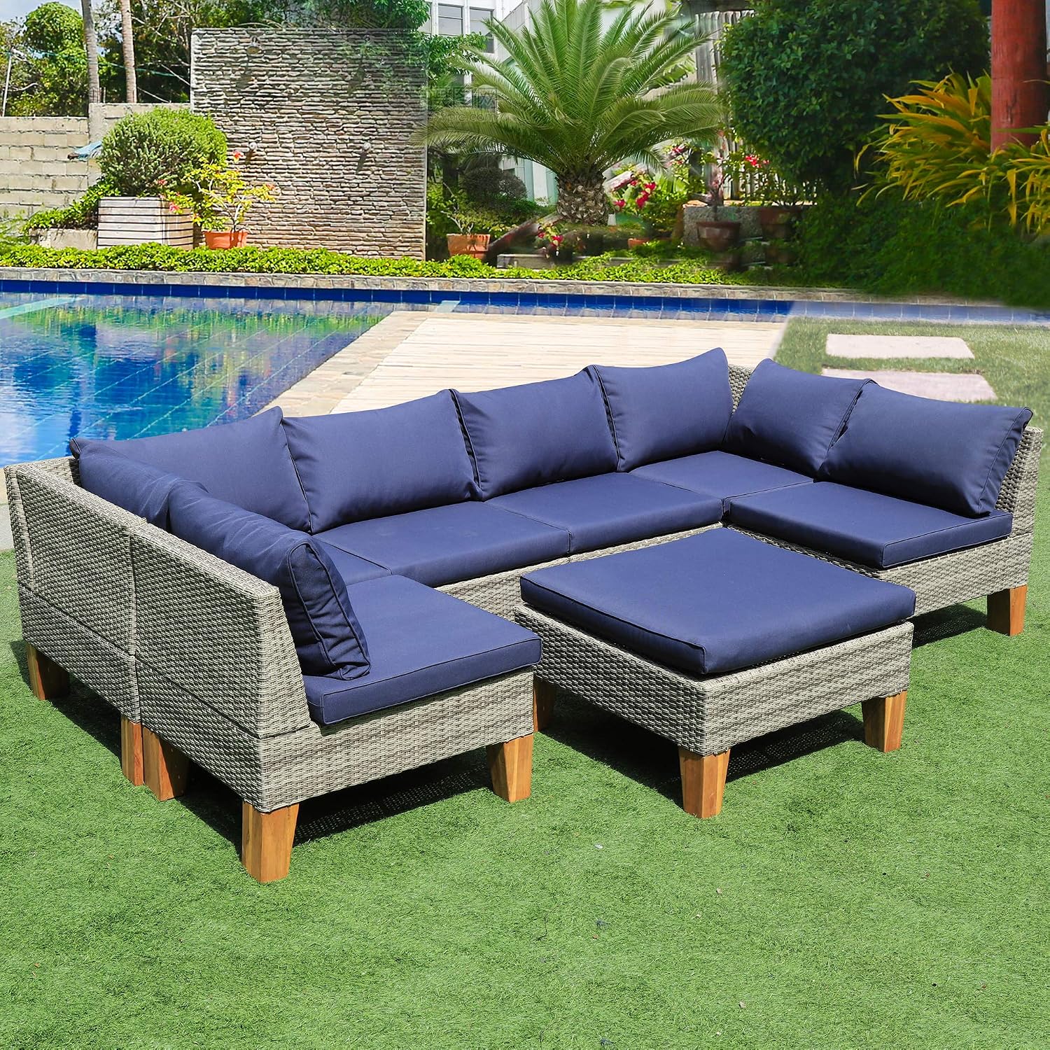Amazon Com Patio Furniture Sectional Sofa Set 7 Piece All Weather Resin Wicker Outdoor Conversation Set Blue Washable Cushions Garden Backyard Pool 12 Clips Garden Outdoor
