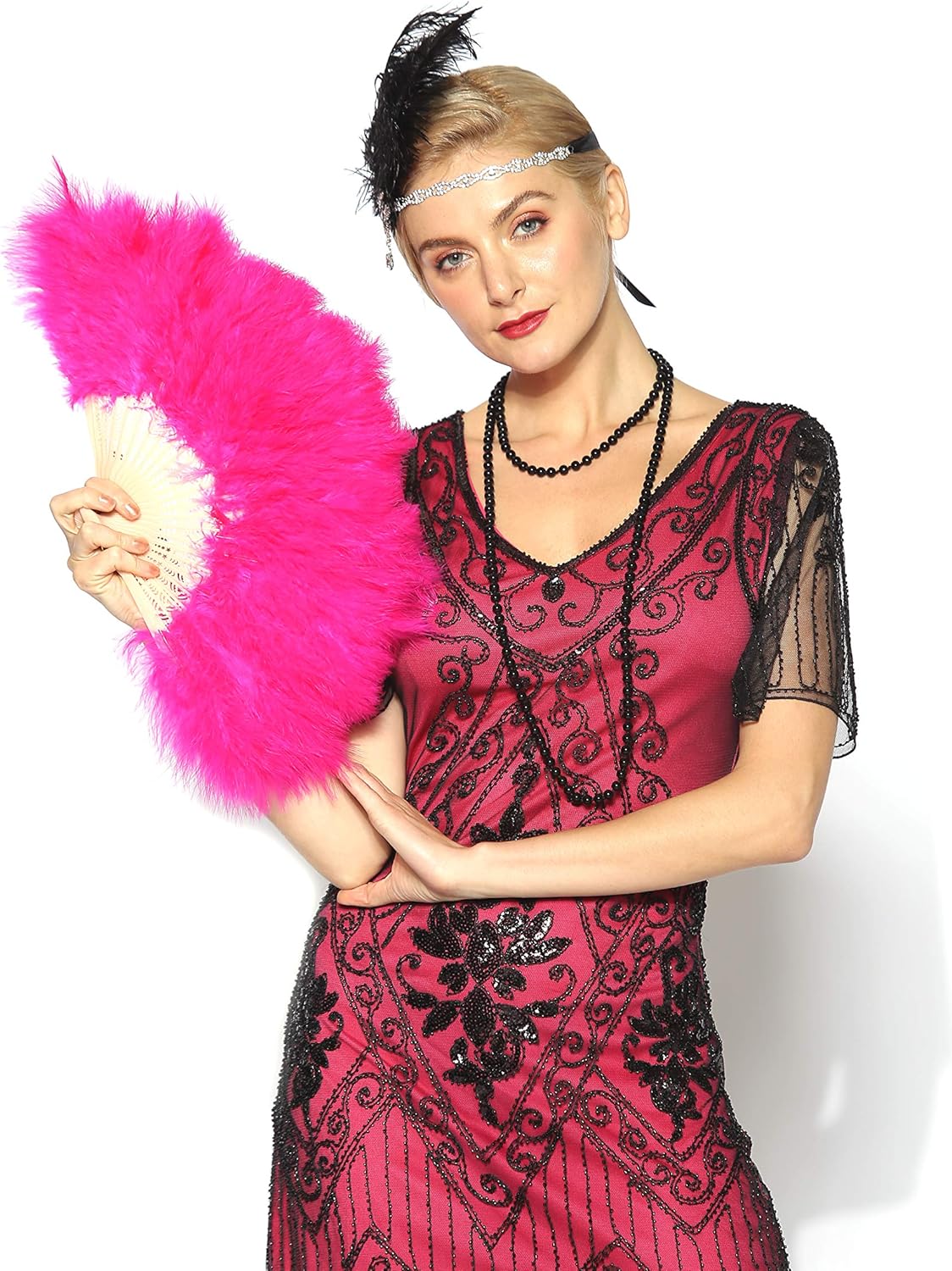 Radtengle 20s Vintage Feather Hand Fan Bridal Wedding 1920s Flapper Accessories for Costume Dancing Party