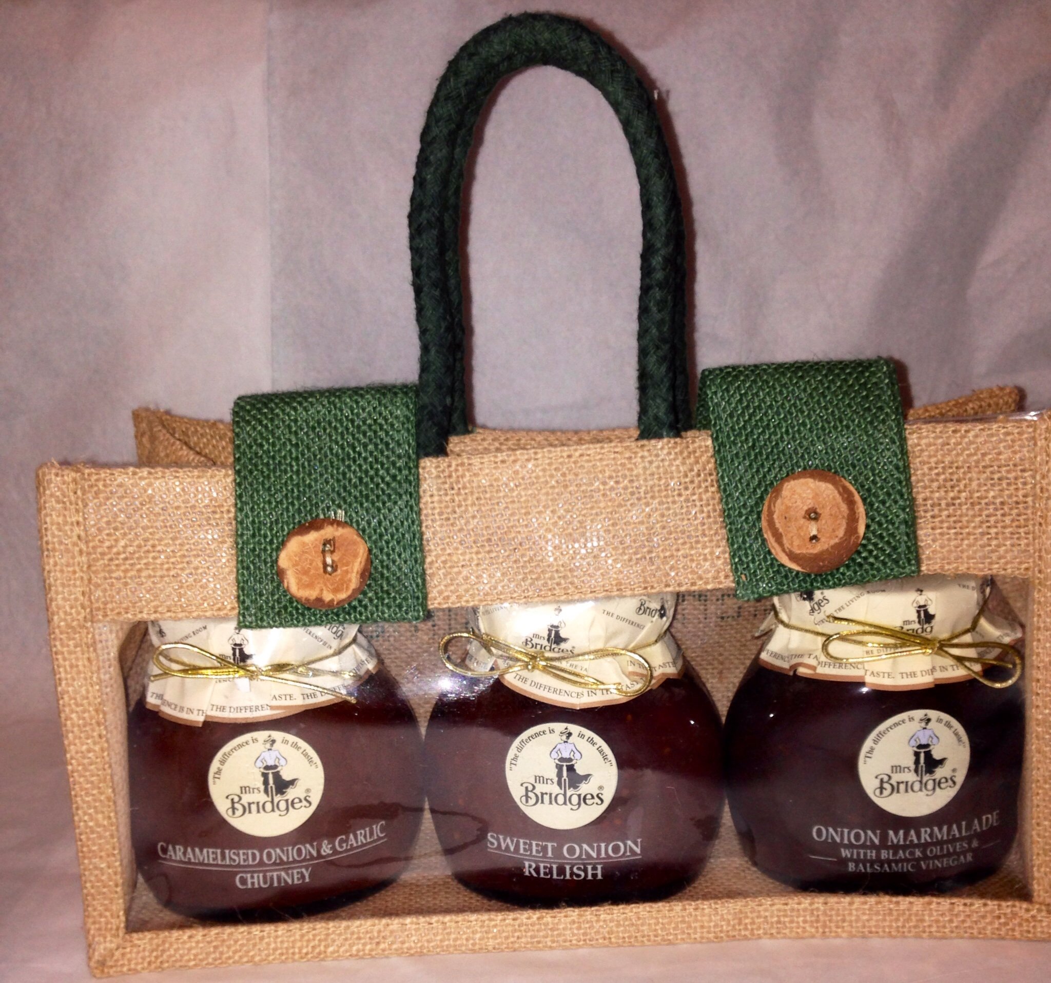 Mrs Bridges Onion Condiment collection presented in a beautiful Hessian gift bag.