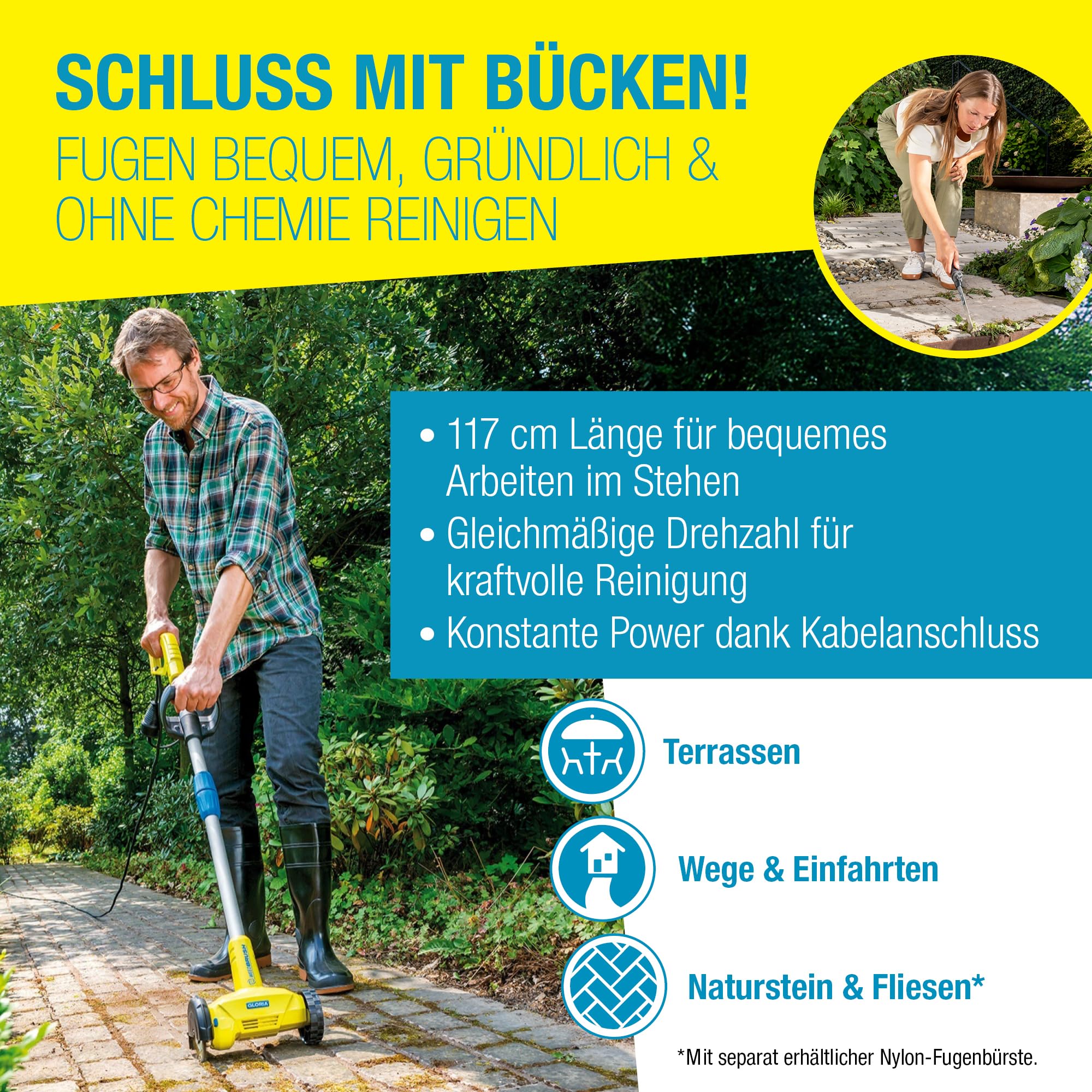 GLORIA Fugenbürste WeedBrush | Elektrischer Unkrautvernichter & Fugenreiniger | Fugenkratzer für Pflasterfugen, Terrassenplatten & Wege | Kabelgebundene Unkrautbürste 230V inkl. Stahldraht-Bürste 4