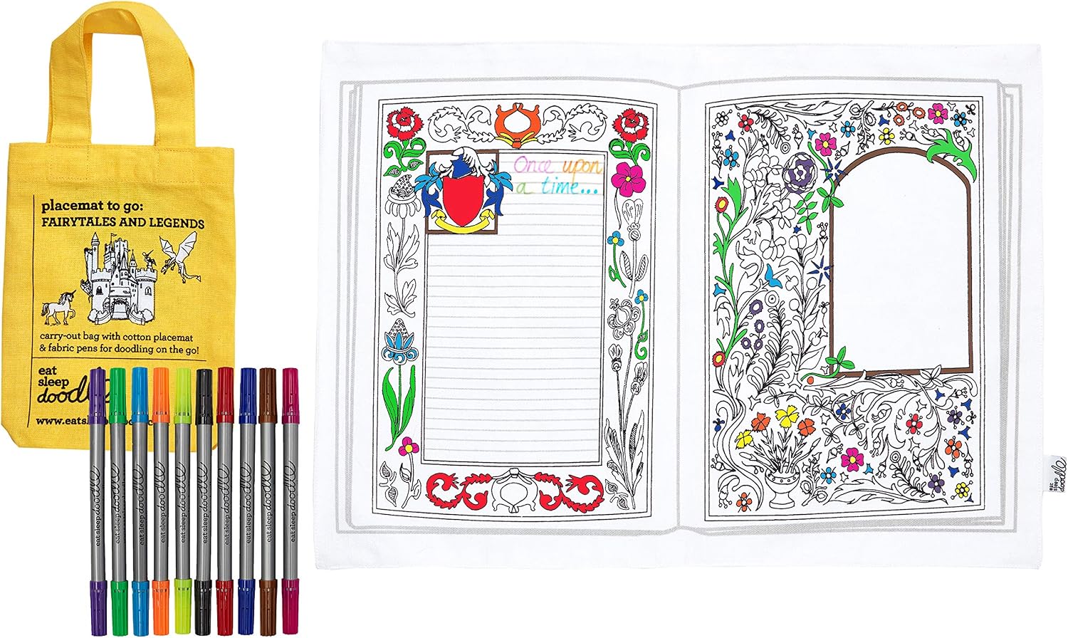 eatsleepdoodle Colouring Placemat For Kids w/ 10pk Washable Markers For Kids, 33x47cm Fairytale Colouring Placemat - Image 3