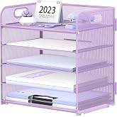Supeasy 5 Trays Paper Organizer Letter Tray with Handle-Mesh Desk File Holders, Paper Sorter Desk Organizer for Office, Home, Classeoom or School, Purple